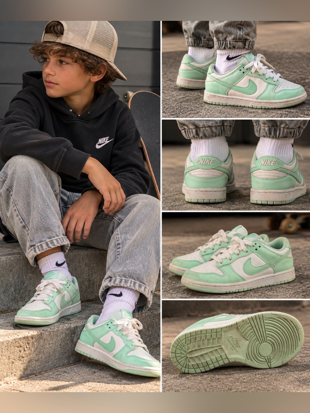 Nike Dunk Low Boys Size 2Y Mint Green White Sneakers Kids Shoes